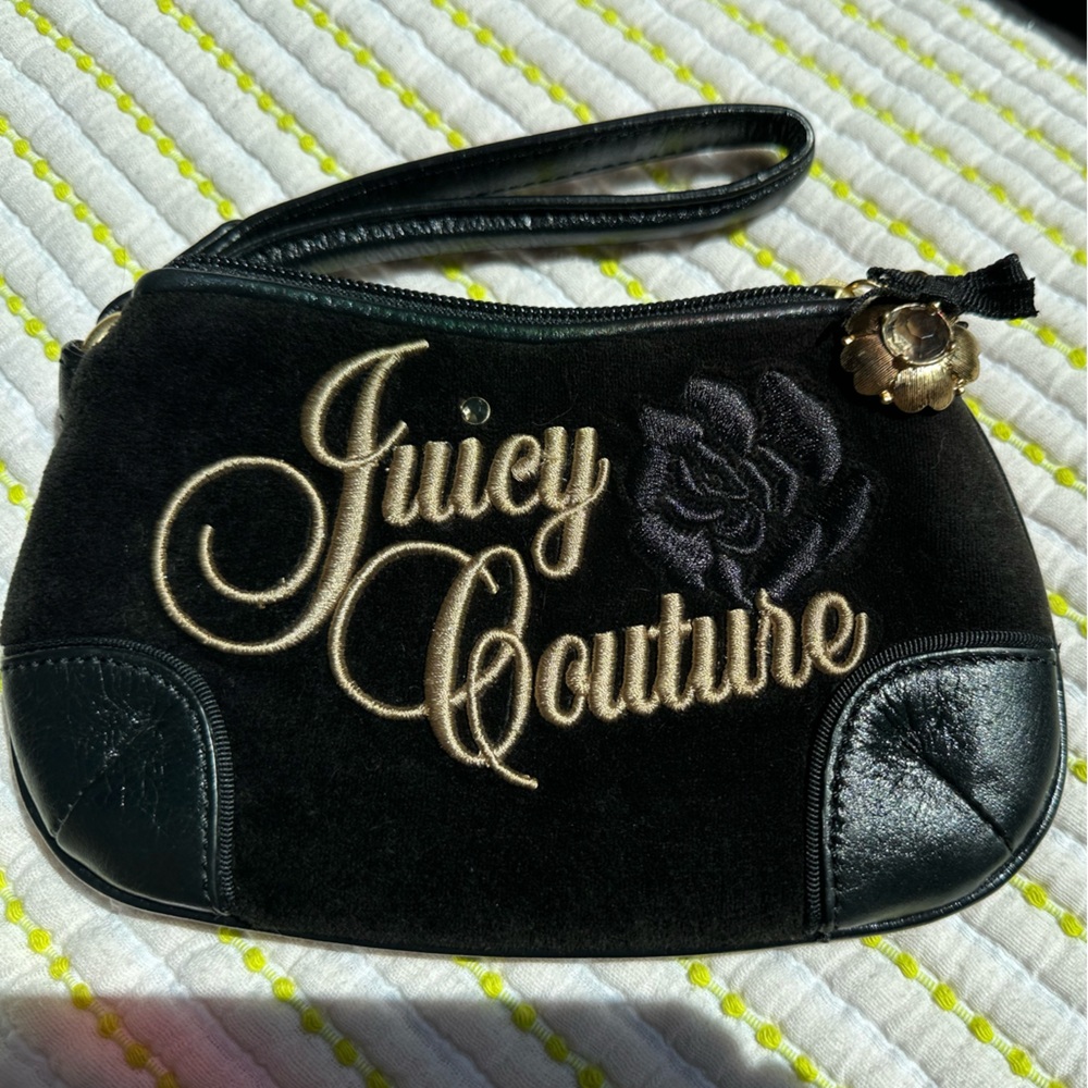 Vintage Y2K Juicy Couture wristlet black with rose embroidery
